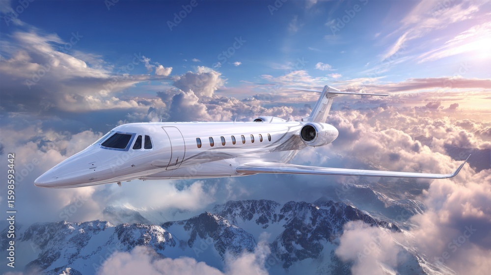 Naklejka premium A sleek private jet soars high above majestic snow-covered mountains, illuminated by the warm hues of a breathtaking sunset with fluffy clouds scattered across the sky.