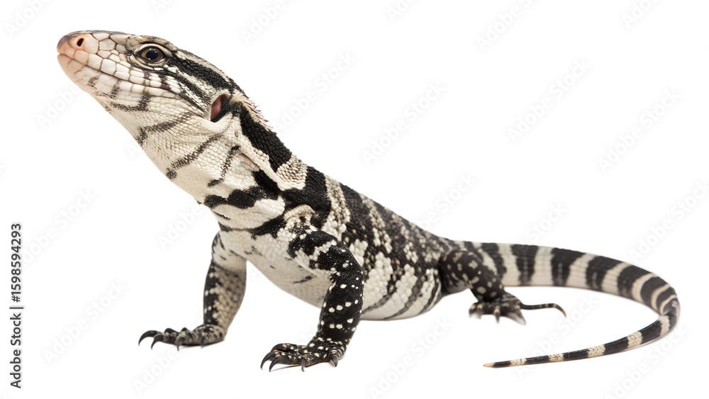 Fototapeta premium Black and white argentine tegu lizard, profile view, isolated on transparent background.