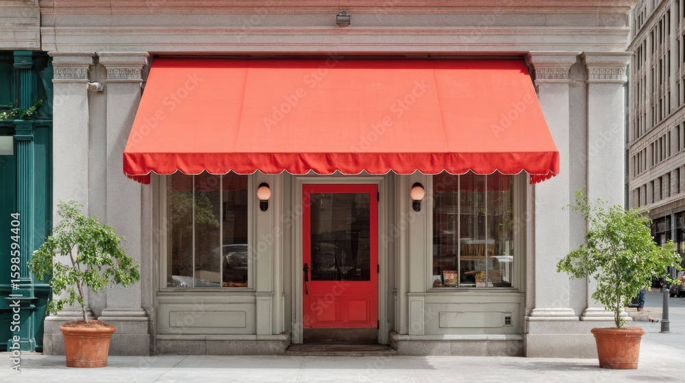 Naklejka premium A charming storefront features a vibrant orange awning and a red door. The building displays large windows and lush potted plants, creating an inviting urban atmosphere.