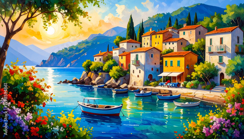 Seaside village sunrise with Italy.