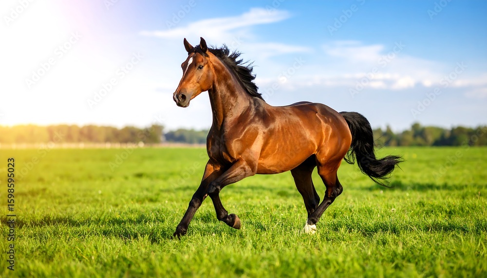 Fototapeta premium Majestic brown horse galloping across a vibrant green field under a radiant sky