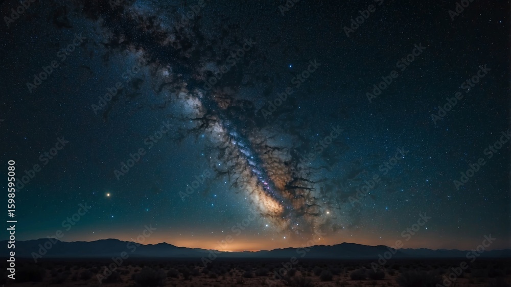 Fototapeta premium The majestic milky way galaxy shines over a desolate desert landscape at night.
