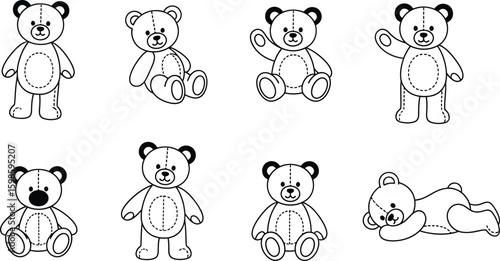 Teddy bear vector set. Collection of cute cartoon characters in different poses. Black and white outline illustration for a coloring book, icons, or kids' design, isolated on a white background.
