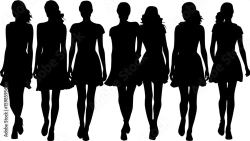 Eight fashion model silhouettes in a row, each mid-walk in a catwalk strut pose. Their short dresses flutter slightly, with varying high-fashion styles. The profiles are clean and dynamic, placed on a
