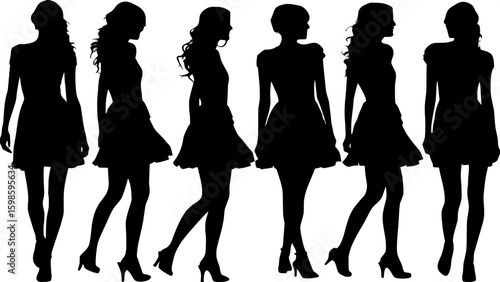 Eight fashion model silhouettes in a row, each mid-walk in a catwalk strut pose. Their short dresses flutter slightly, with varying high-fashion styles. The profiles are clean and dynamic, placed on a