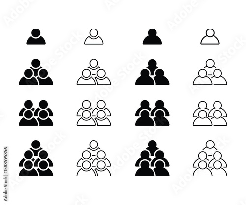 Teamwork Icons:  One to Five Solid and Outline Styles, Group and Individual User Symbols, Professional Design, Vector
