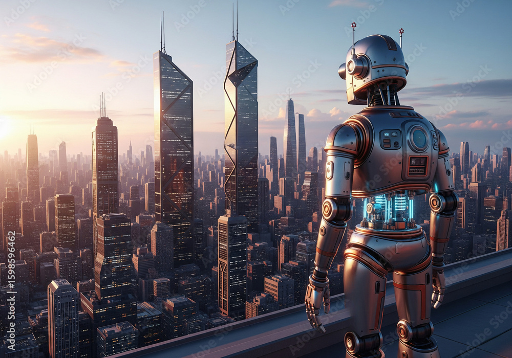 Naklejka premium Dawn of Tomorrow: Robot Overlooking a Grand Futuristic City