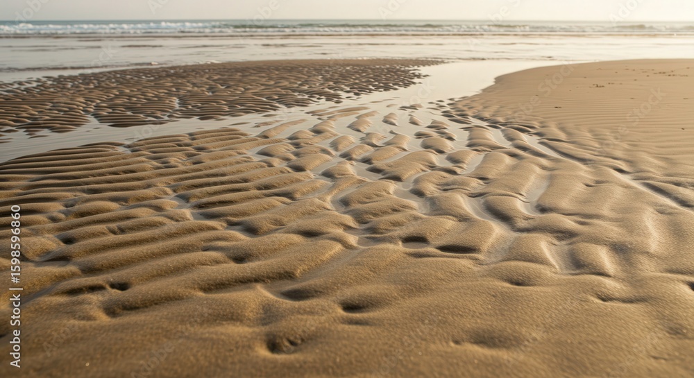 Fototapeta premium Sandy beach with tidal patterns and gentle waves in sunlight
