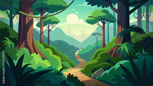 A lush rainforest with towering trees and hidden pathways keeping climbers on their toes as they navigate through the everchanging environment.. Vector illustration