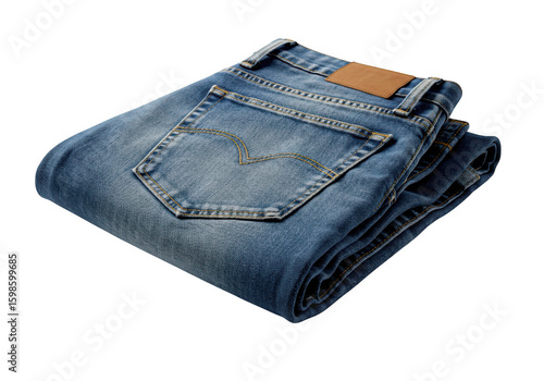 A pair of folded blue denim jeans with a brown leather patch isolated on transparent background
