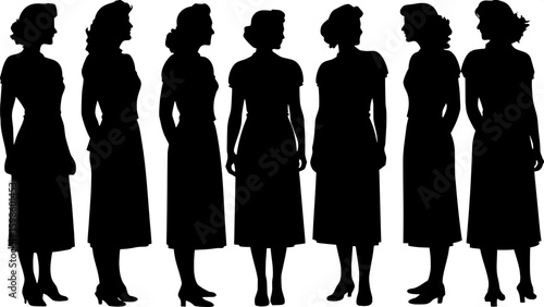 A sequence of eight women in silhouette form, each with a distinct hairstyle and wearing vintage dresses from different decades (1920s to 1990s). All are shown in profile view, from mid-thigh to head,