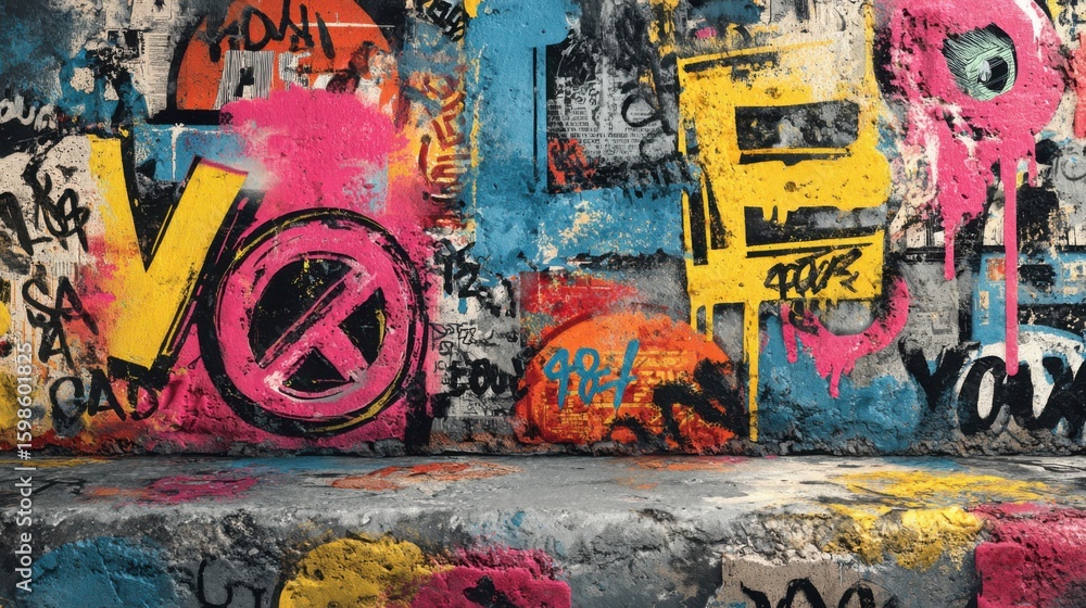 Fototapeta premium Bright, bold graffiti covers a concrete wall in an urban area, featuring colorful letters and symbols. The artwork conveys messages of freedom and individuality through playful colors and designs.