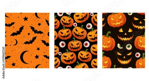Three halloweenthemed patterns featuring pumpkins, bats, and spooky eyes on orange and black backgrounds