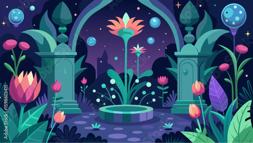 A mystical garden with plants that grow in impossible shapes and sizes blooming with magical herbs and flowers that can heal or harm.. Vector illustration