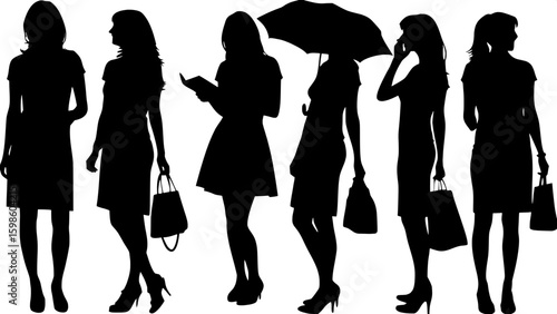 Eight female silhouettes arranged in a row, each holding a different accessory like a handbag, umbrella, book, or phone. They are shown from mid-thigh up, in profile, wearing minimalistic dresses. The