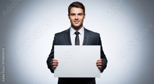A handsome businessman in a suit and tie is holding a blank white sign in a studio setting