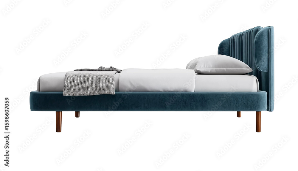 Fototapeta premium Perspective view of double bed with headboard and blanket transparent&nbsp;background