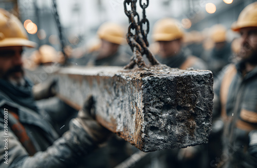 Wallpaper Mural Construction workers in hard hats carefully lift large, rusty I-beam with chains at building site. Teamwork, physical strength evident as maneuver heavy steel structure for new construction project. Torontodigital.ca