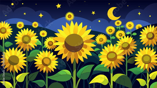 A field of sunflowers the bright yellow blooms capturing the artists feelings of joy and positivity amidst a world of darkness.. Vector illustration