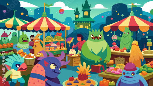 A bustling marketplace filled with all manner of strange and wondrous creatures their stalls overflowing with colorful fruits magical potions and. Vector illustration