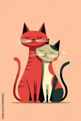 Artistic Vector Illustration of Two Loving Cats Snuggling Together