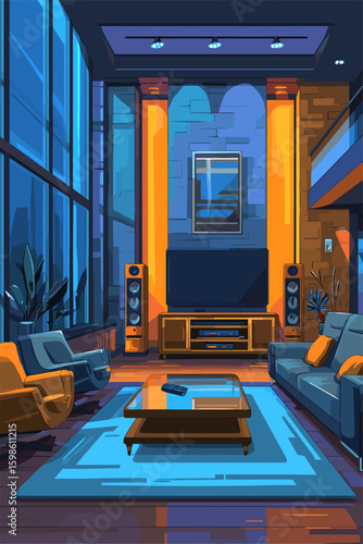 Modern Living Room with Large Windows and Stylish Furniture