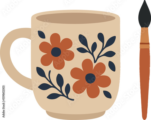 Flat vector decorated ceramic mug with underglaze painting and paintbrush, DIY pottery style, isolated on white