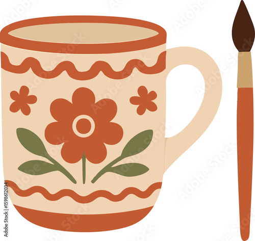 Flat vector decorated ceramic mug with underglaze painting and paintbrush, DIY pottery style, isolated on white