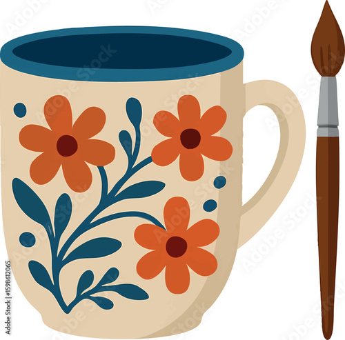 Flat vector decorated ceramic mug with underglaze painting and paintbrush, DIY pottery style, isolated on white