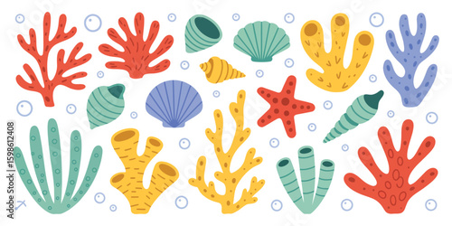 Set of Coral and Seaweed with Hand Drawn Aquarium Plants, Algae, Seashells, Starfish, and Marine Animals in a Flat Cartoon Underwater Ocean Illustration Style

