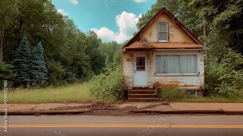 Fototapeta Naklejka Na Ścianę i Meble -  Small, run down house sits on a street with a grassy area in front of it