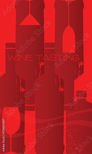Wine tasting, poster for bar, alcohol menu, wine list, flat design in shades of red. Banner wine shop, kitchen decor, set of alcohol bottles, glasses, drink party, booze, red wine