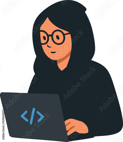 Flat vector female coder with hoodie and laptop, flat tech style, isolated on white