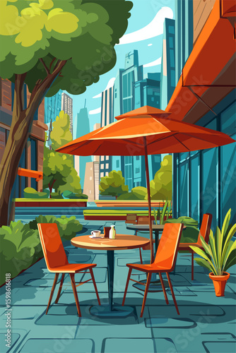 Sunny Outdoor Café Scene with Modern Architecture and Urban Vibes