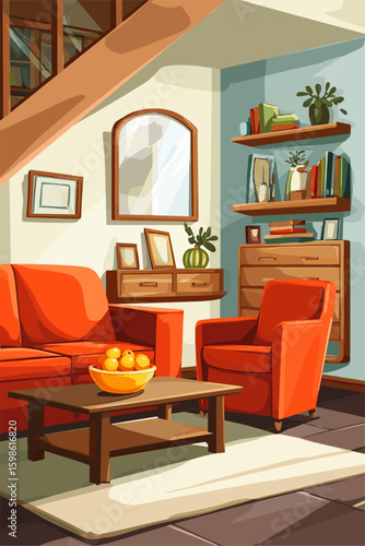 Cozy Modern Living Room Interior with Vibrant Orange Furniture and Decorative Shelves