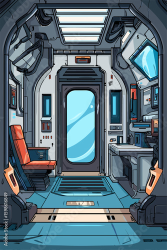 Futuristic Sci-Fi Interior of a Spacecraft with Control Panels and Bright Colors