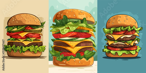 Colorful Vector Burger Illustrations with Fresh Ingredients