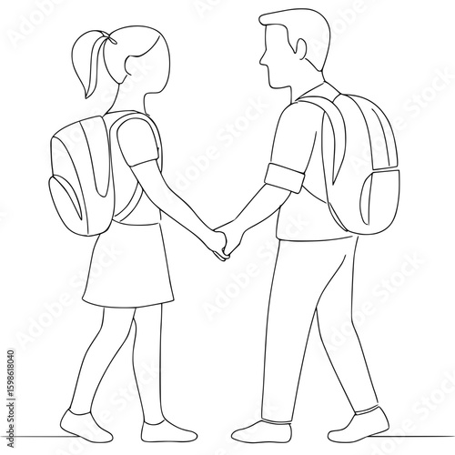 Walking couple with backpacks holding hands, in a continuous line vector
