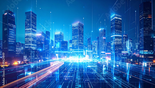 Smart City with Night Lights, and Data Network.