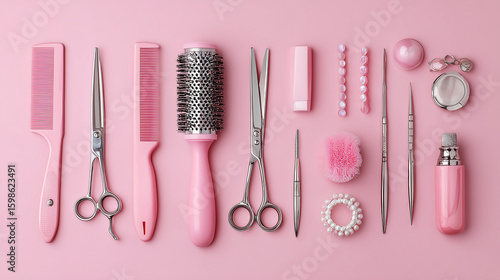 Hairdresser essentials set on a pink background, showcasing modern salon tools in a stylish and feminine layout.

