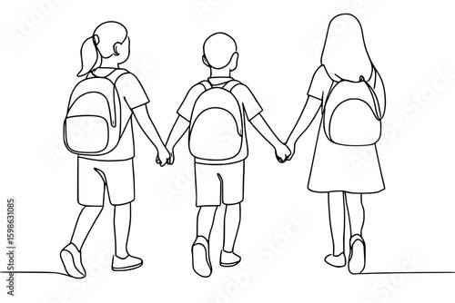 Children with school backpacks walking away in continuous line art