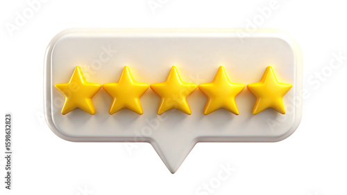 Five golden stars in speech bubble on transparent background for rating design