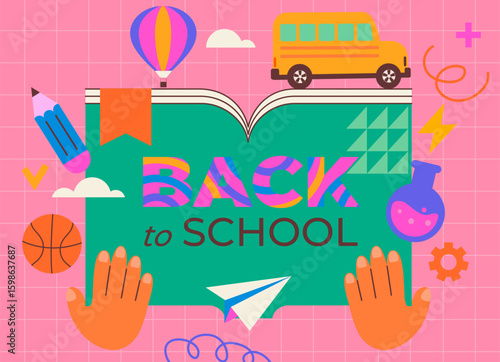 Back to school, background with hands holding book, and school stationery elements,accessories for study, sports and creativity around it. School educational template. Vector illustration.