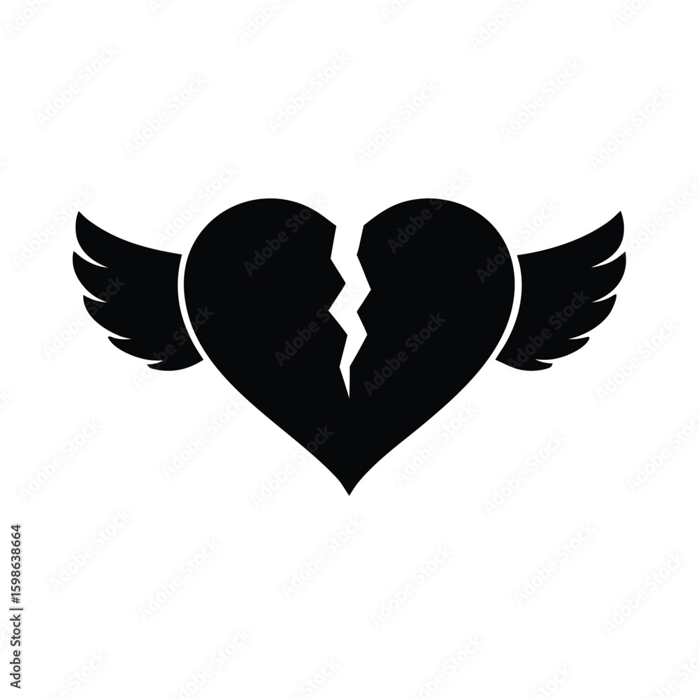 Obraz premium Black silhouette of a broken heart with an angel wing