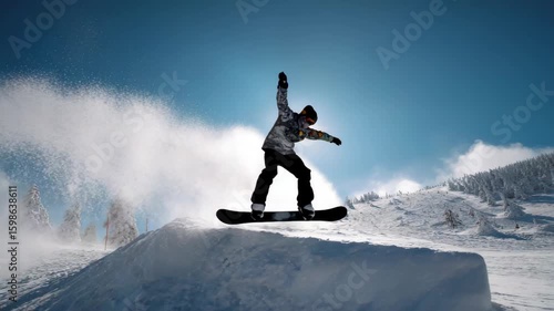 Snowboarder jumping big air kicker, spraying snowflakes and flying over sun on perfect winter day.