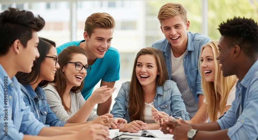 Fototapeta premium A diverse group of cheerful university students, mid-20s, laughing and engaged in a collaborative study session or group project in a bright, modern learning environment.