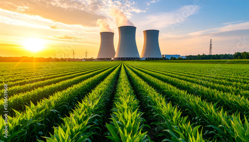 Sunset over nuclear plant  field.