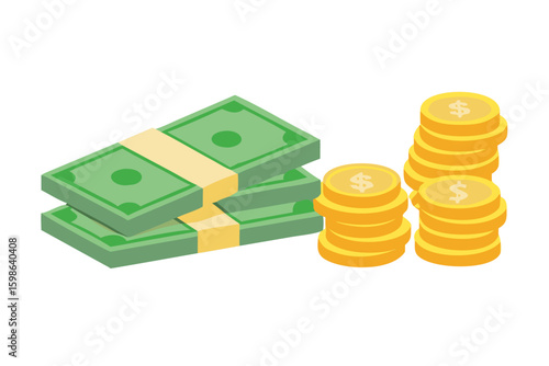 Stacks of cash and gold coins representing financial wealth