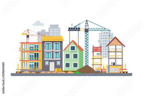 Diverse buildings under construction with cranes and a cloudy sky