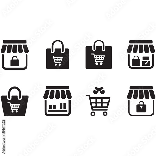 Vector shopping icon set: diverse e-commerce symbols including cart, basket, bag, gift, and sale signs for web and retail business illustrations